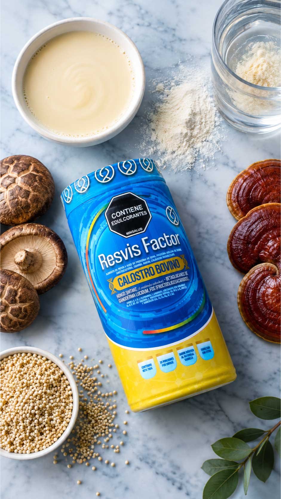 Ingredientes de Resvis Factor: calostro bovino, colágeno hidrolizado, hongo shiitake, betaglucanos de Ganoderma, quinoa, Omega 3-6-9 y vitaminas