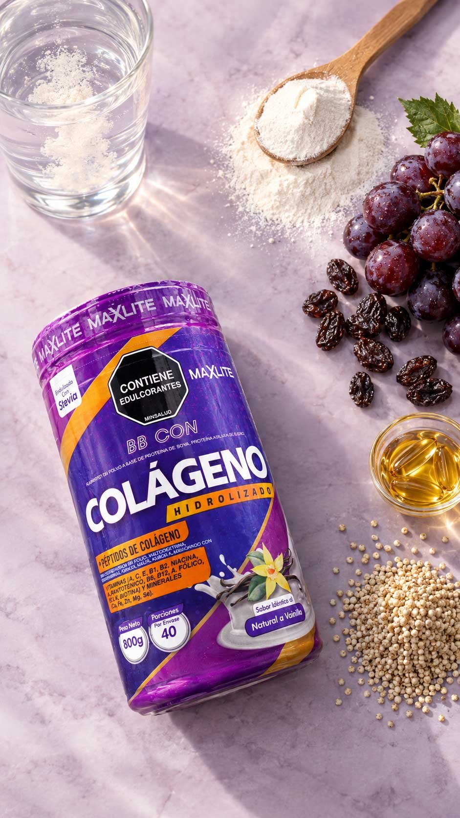 Ingredientes de MaxLite Colágeno con Resveratrol: colágeno hidrolizado, péptidos, resveratrol, proteína de soya y suero, quinua, omega 3-6-9, vitaminas y minerales