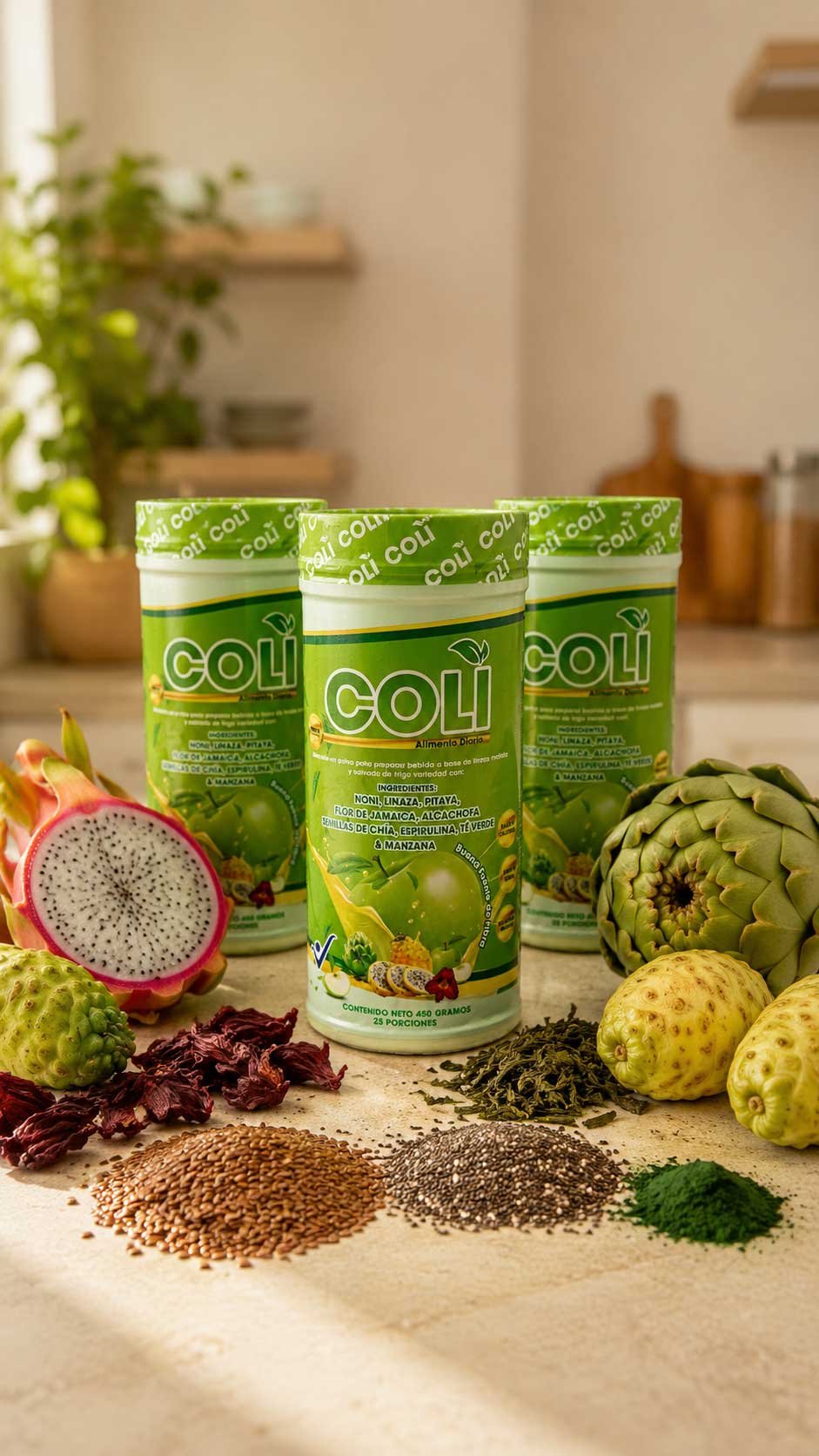 Coli Plus, fibra natural con linaza, chía y pitaya sabor manzana verde