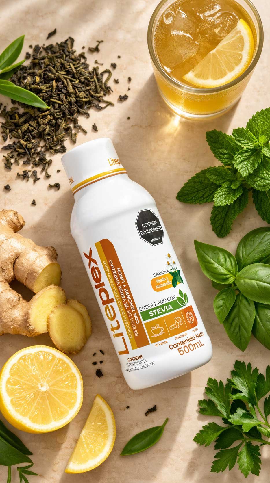 Ingredientes naturales de Liteplex: té verde, jengibre, limón, albahaca, hierbabuena y perejil