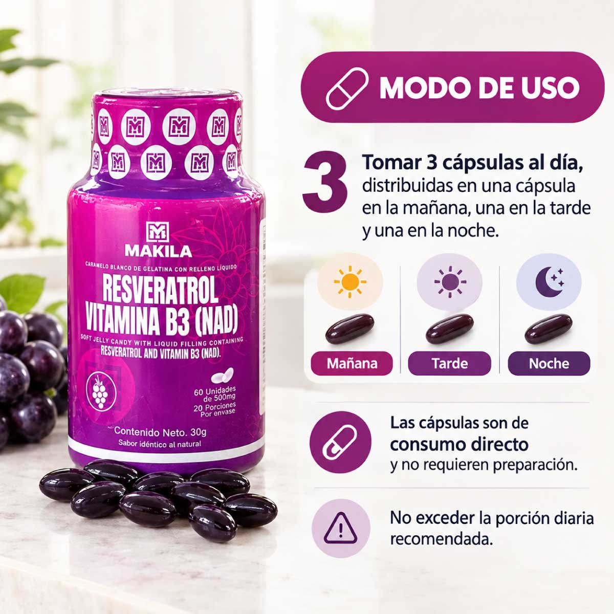 Resveratrol y Vitamina B3 en Cápsulas Blandas Makila | 60 Cápsulas - Imagen 4
