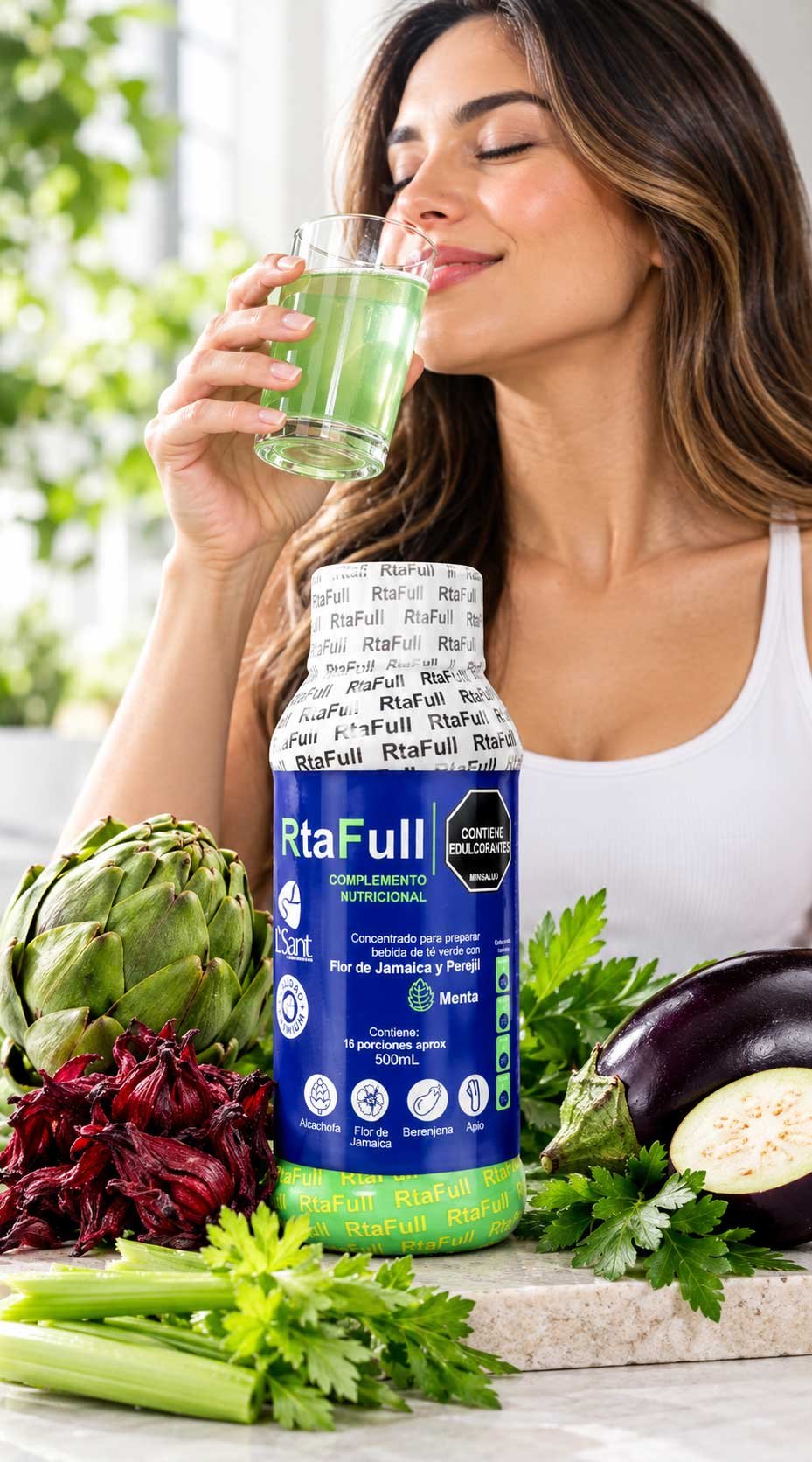 Ingredientes de RTA Full: alcachofa, flor de jamaica, té verde, berenjena, apio, perejil y ajo