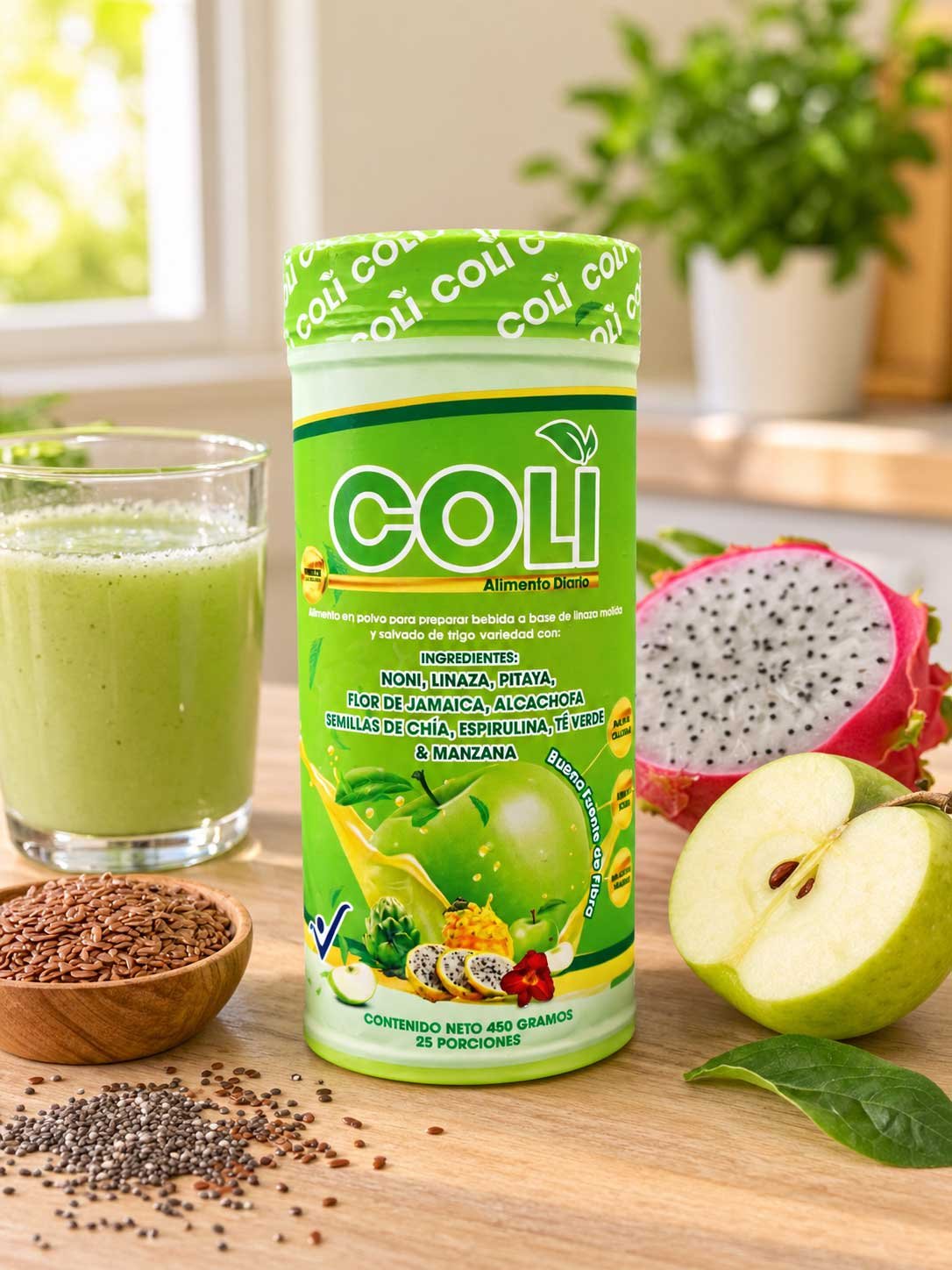 Empaque de Coli Plus, fibra natural sabor manzana verde